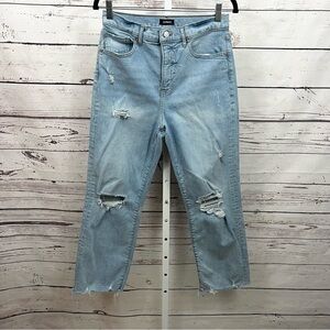 Express Modern Straight Super High Waist Raw Hem Distressed Blue Jeans Size 8S